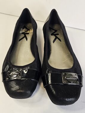 Anne Klein Black Patent-Trim Logo Plaque Flats
